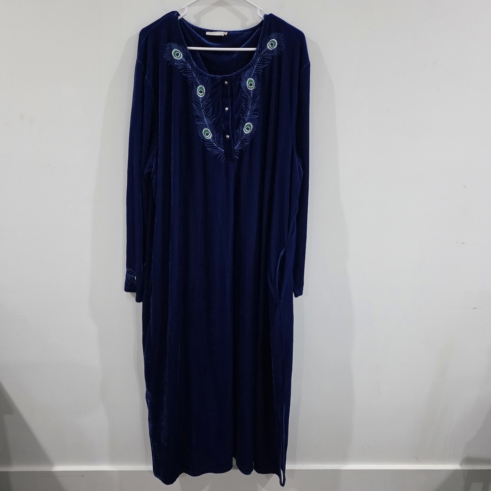 Vintage The Vermont Country Store Womens Velvet Nightgown Size 3X Blue Peacock